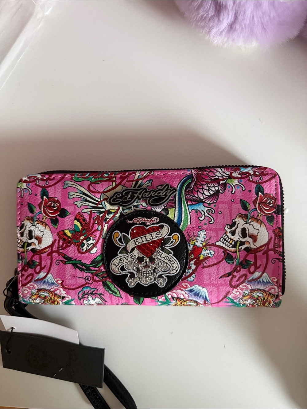 Ed Hardy Pink Skull & Rose Zip Wallet